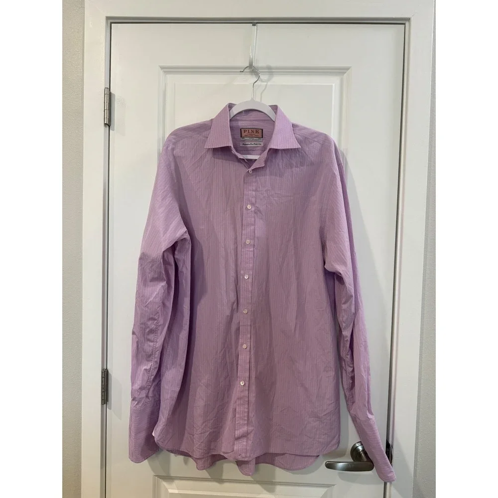 Thomas‎ Pink Mens Superfine 170s Striped Dress Shirt Lavender Orange 16.5 36.5